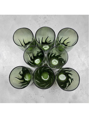Vintage MCM Olive Green Optic Swirl Highball Glasses Set of 8 | Smoky Green Art